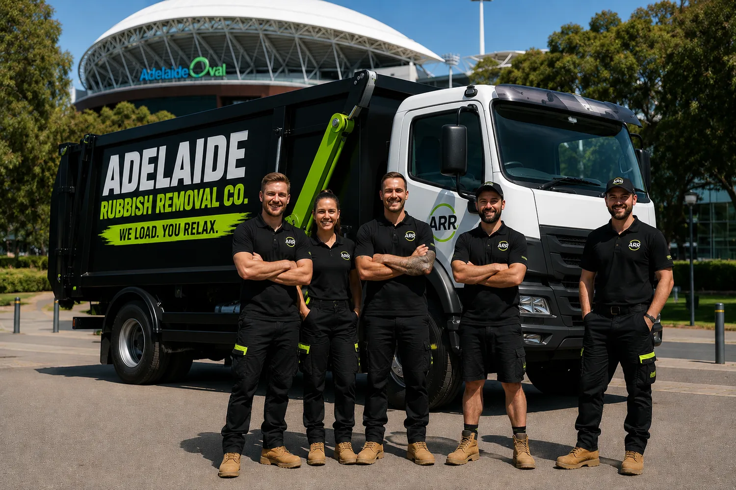 The Adelaide Rubbish Removal Co team in front of the Adelaide Oval